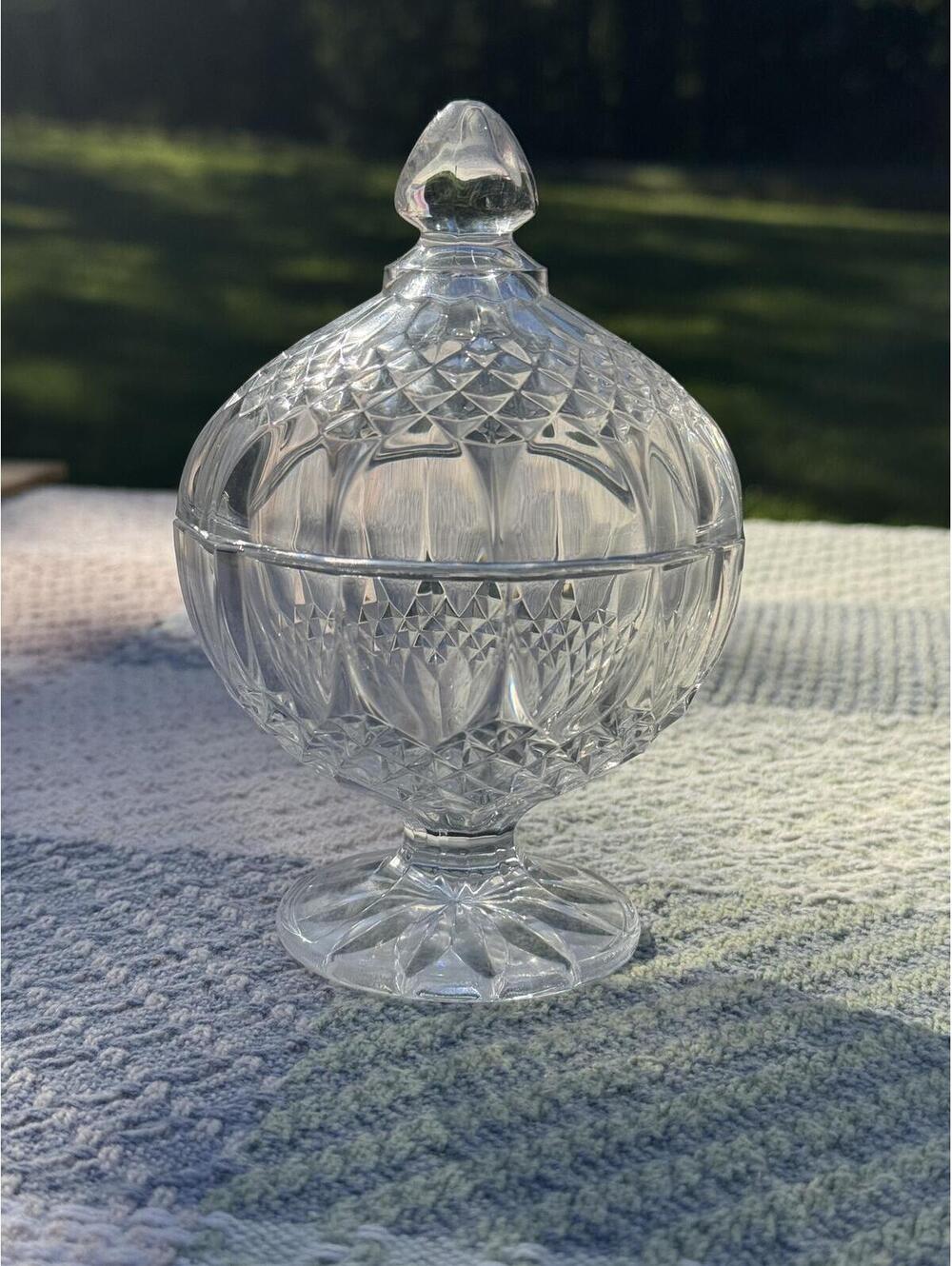 Vintage Cristal D'arques Longchamp Cut Glass Pedestal Candy Dish with Lid